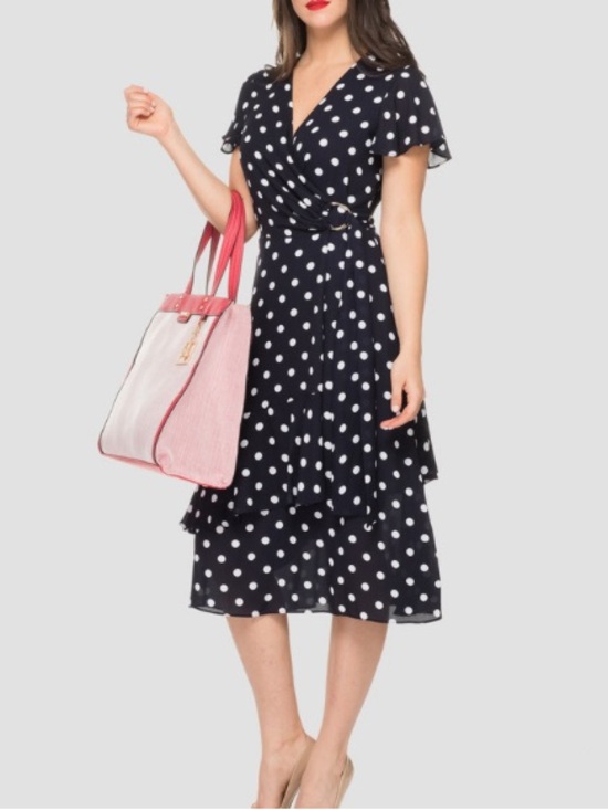 Joseph Ribkoff Dresses & Skirts - Joseph Ribkoff black and White Polka Dot Wrap Midi Dress ruffle A-line size 12